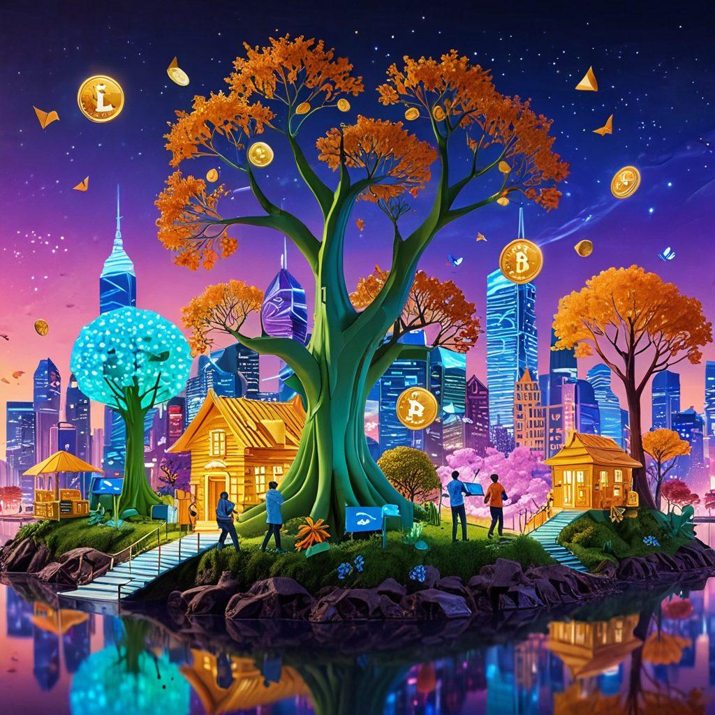 A vibrant digital landscape depicting a whimsical city made of floating coins and banknotes, transitioning into various forms like trees and animals. In the foreground, a joyful character interacts with digital screens showcasing innovative payment solutions and cryptocurrencies. Bright colors convey the excitement of modern finance, with abstract shapes symbolizing transformation and flexibility. futuristic style. vibrant colors. super-realistic.