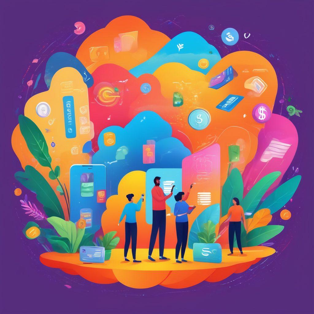A lively scene depicting diverse people joyfully using payment methods like mobile apps, contactless cards, and digital wallets, surrounded by swirling colorful shapes representing cash flow. Include symbols of growth like coins and plants, emphasizing positivity and flexibility. The background should be bright and engaging, conveying a sense of transformation and accessibility. cartoon style. vibrant colors. 3D.