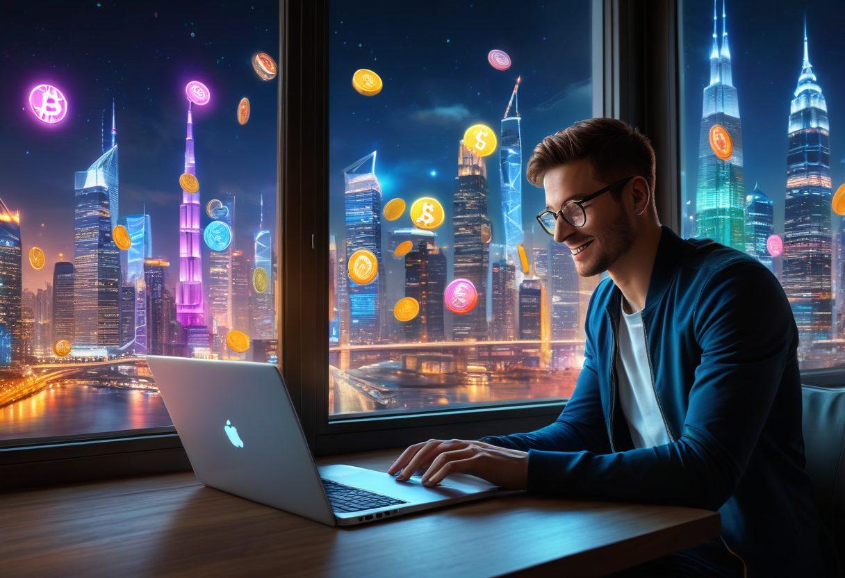 A vibrant scene depicting a person using a laptop with colorful icons representing various digital currencies floating around them. Include a happy expression on their face to convey joy and ease of use, with a futuristic city skyline visible through a window in the background. Emphasize glowing coins, graphs showing upward trends, and digital wallets. super-realistic. vibrant colors.